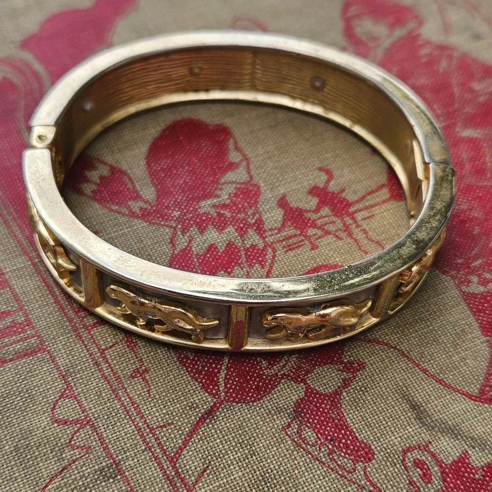Vintage 80s Gold Silver Tone Panther Hinged Bangle Bracelet Big Cat Statement